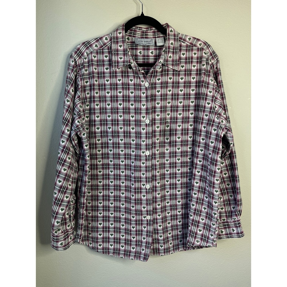 Vintage 90s Jane Ashley Button Down Shirt Burgundy Plaid Green Heart XL